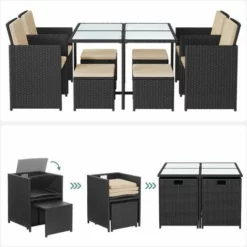 SONGMICS Salon De Jardin Extérieur, Ensemble De Mobilier, Table Et Chaises, 9 Pièces, Surface Tressée En PE Résine, Dessus De Table En Verre, Avec Coussins, Gain De Place, Noir Et Beige GGF009B02 - Noir Et Beige -SONGMICS Soldes 50990173 4