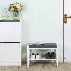 SONGMICS Banc à Chaussures En Bambou Avec Coussin D'assise Et 2 étagères Pour Salon, Chambre, Couloir, Couloir, Couloir, Couloir 60 X 43 X 32 Cm，LBS65WN - Blanc Et Gris -SONGMICS Soldes 51279237 2