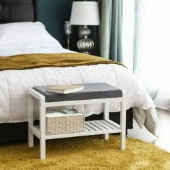 SONGMICS Banc à Chaussures En Bambou Avec Coussin D'assise Et 2 étagères Pour Salon, Chambre, Couloir, Couloir, Couloir, Couloir 60 X 43 X 32 Cm，LBS65WN - Blanc Et Gris -SONGMICS Soldes 51279237 3