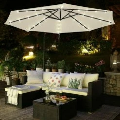 SONGMICS Parasol De Jardin Extérieur Déporté Avec LED à Énergie Solaire, Ombrelle Ø 3 M, Avec Base, Protection Solaire, Avec Manivelle, UPF 50+, Terrasse, Piscine, Bleu Beige GPU118M01 - Beige -SONGMICS Soldes 51279241 3