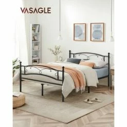 SONGMICS VASAGLE Lit 2 Personnes, Cadre De Lit Double, 2 Place, En Métal, Convient Au Matelas De 140 X 190 Cm, Montage Facile, Noir RMB073B01 - Noir