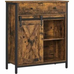VASAGLE Meuble De Rangement, Buffet, Placard De Cuisine, Commode, Avec Porte Coulissante Imitation Grange, Style Industriel, Marron Rustique Et Noir Par SONGMICS LSC100B01 - Marron Rustique Et Noir