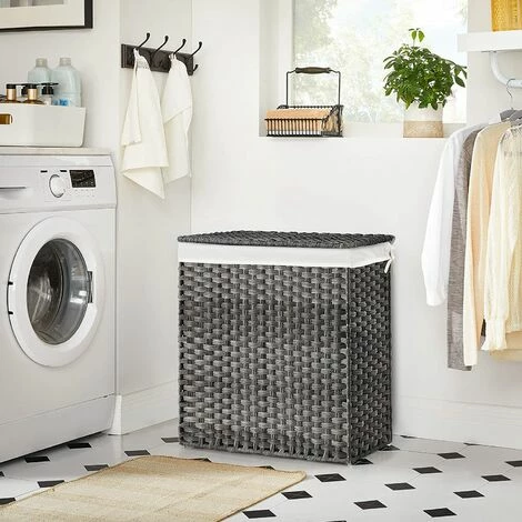 SONGMICS Panier à Linge Tissé à La Main, 110L Corbeille à Linge Artisanale, En Rotin Synthétique, 2 Compartiments, Avec Couvercle Et Poignées, Pliable, Doublure Amovible, Gris LCB52WG -SONGMICS Soldes 53437675 1