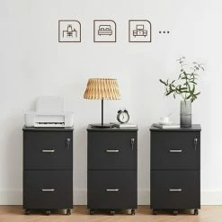 VASAGLE Caisson De Bureau Mobile, Avec Serrure, 2 Tiroirs, Système De Blocage Des Roulettes, Rails De Suspension Réglables, Noir Par SONGMICS LCD27BKV1 - Noir -SONGMICS Soldes 53437677 3