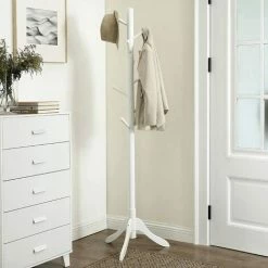SONGMICS VASAGLE Portemanteau, Portant à Vêtements En Bois Massif, Support Sur Pieds Avec 8 Crochets, Pour Manteaux, Chapeaux, Sacs, Pour Entrée, Couloir, Bois D'Hévéa, Blanc RCR60WT - Blanc