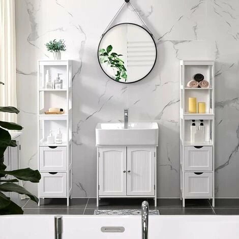 SONGMICS VASAGLE Meuble Salle De Bain, Armoire Haute, Placard De Rangement, Colonne Avec 2 Tiroirs Et 3 Casiers Ouverts, 30 X 30 X 141,5 Cm, Pour Salle De Bain, Salon, Cuisine, Blanc BBC66WT - Blanc 4 SONGMICS VASAGLE Meuble Salle De Bain, Armoire Haute, Placard De Rangement, Colonne Avec 2 Tiroirs Et 3 Casiers Ouverts, 30 X 30 X 141,5 Cm, Pour Salle De Bain, Salon, Cuisine, Blanc BBC66WT - Blanc – Image 2