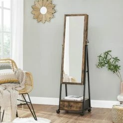 SONGMICS Miroir Sur Pied Avec Rangement, Armoire à Bijoux, Range-Bijoux, Psyche Miroir, Verouillable, Avec Tiroir, Étagère, Roulettes, Idée Cadeau, Marron Rustique Et Noir JJC004X01 - Marron Rustique Et Noir