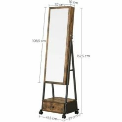 SONGMICS Miroir Sur Pied Avec Rangement, Armoire à Bijoux, Range-Bijoux, Psyche Miroir, Verouillable, Avec Tiroir, Étagère, Roulettes, Idée Cadeau, Marron Rustique Et Noir JJC004X01 - Marron Rustique Et Noir -SONGMICS Soldes 53602109 5