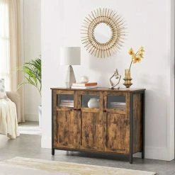 VASAGLE Meuble De Rangement, Buffet, Avec Placard 3 Portes, Pour Salle à Manger, Salon, Cuisine, Entrée, Cadre En Acier, Style Industriel, Marron Rustique Et Noir Par SONGMICS LSC099B01 - Marron Rustique Et Noir -SONGMICS Soldes 53602113 3