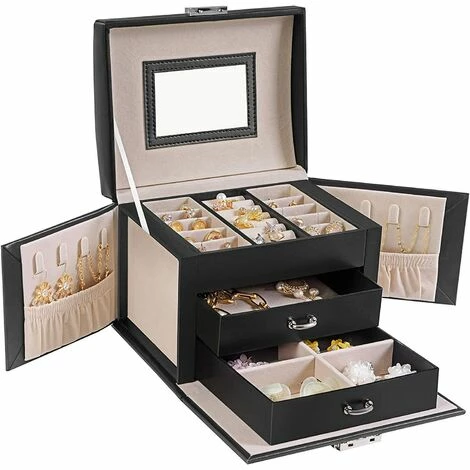 Boîte à Bijoux, Mallette à Bijoux, Coffret à Bijoux De Voyage, Organisateur De Bijoux Portable, Avec 2 Tiroirs, Miroir, Serrure Et Clés, Cadeau Noel, 17,5 X 13,5 X 12 Cm, Par SONGMICS Noir JBC154B01 - Noir 5 Boîte à Bijoux, Mallette à Bijoux, Coffret à Bijoux De Voyage, Organisateur De Bijoux Portable, Avec 2 Tiroirs, Miroir, Serrure Et Clés, Cadeau Noel, 17,5 X 13,5 X 12 Cm, Par SONGMICS Noir JBC154B01 - Noir – Image 3