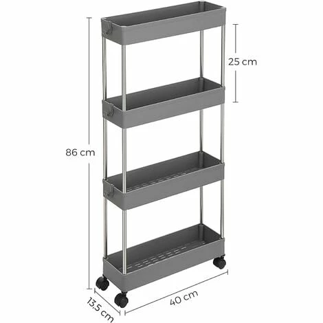 SONGMICS Desserte à Roulettes, Chariot De Rangement, Étagère Roulante, 4 Niveaux, Gain De Place, Pour Salle De Bain, Cuisine, Bureau, 40 X 13,5 X 86 Cm, Gris KSC008G01 - Gris 7 SONGMICS Desserte à Roulettes, Chariot De Rangement, Étagère Roulante, 4 Niveaux, Gain De Place, Pour Salle De Bain, Cuisine, Bureau, 40 X 13,5 X 86 Cm, Gris KSC008G01 - Gris – Image 5