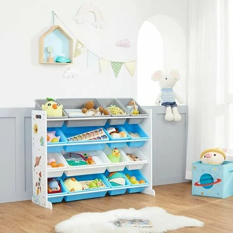 SONGMICS Meuble De Rangement Enfant, Organisateur Jouets 4 Niveaux, Étagère Avec 16 Bacs En Plastique Amovibles, Pour Chambre D'enfant, Salle De Jeux, Salon, Blanc, Bleu Et Gris GKR070W03 - Blanc, Bleu Et Gris 4 SONGMICS Meuble De Rangement Enfant, Organisateur Jouets 4 Niveaux, Étagère Avec 16 Bacs En Plastique Amovibles, Pour Chambre D'enfant, Salle De Jeux, Salon, Blanc, Bleu Et Gris GKR070W03 - Blanc, Bleu Et Gris – Image 2