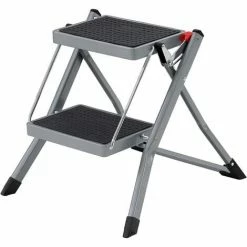SONGMICS Escabeau à 2 Marches, Marche-pieds Pliable, Largeur De Marche 20 Cm, Caoutchouc Antidérapant, Avec Poignée, Charge 150 Kg, En Acier, Gris Et Noir GSL002GY01 - Gris Et Noir