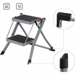 SONGMICS Escabeau à 2 Marches, Marche-pieds Pliable, Largeur De Marche 20 Cm, Caoutchouc Antidérapant, Avec Poignée, Charge 150 Kg, En Acier, Gris Et Noir GSL002GY01 - Gris Et Noir -SONGMICS Soldes 54701802 3