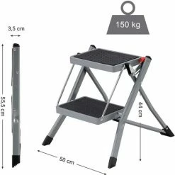 SONGMICS Escabeau à 2 Marches, Marche-pieds Pliable, Largeur De Marche 20 Cm, Caoutchouc Antidérapant, Avec Poignée, Charge 150 Kg, En Acier, Gris Et Noir GSL002GY01 - Gris Et Noir -SONGMICS Soldes 54701802 5