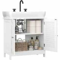 VASAGLE Meuble Sous Lavabo, Meuble De Salle De Bain, Placard De Rangement, 60 X 30 X 60 Cm, Avec 2 Portes Persiennes, Planche Réglable, Poignées, Style Nordique Scandinave, Blanc Mat Par SONGMICS BBC05WT - Blanc Mat -SONGMICS Soldes 54701808 3