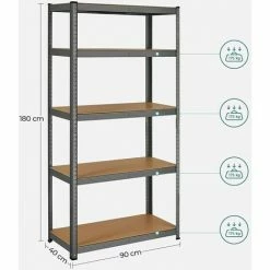 SONGMICS Étagère Charge Lourde Métallique à 5 Niveaux, 180 X 90 X 40 Cm, Capacité 875 Kg (175 Kg/Niveau), Étagère De Garage, Planches Réglables, Cadre En Acier, Gris GLR040G01 -SONGMICS Soldes 54701830 5