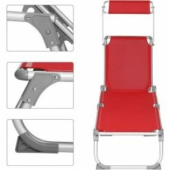 SONGMICS Bain De Soleil Inclinable, Chaise Longue, Transat Pliable En Alu, Toile Textilène, Coussin, Pare Soleil Réglable, 193 X 67 X 32 Cm, Charge 250 Kg , Rouge, GCB19RD - Rouge -SONGMICS Soldes 54701841 4