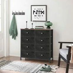 SONGMICS Commode En Tissu, Console Large 8 Tiroirs, Meuble De Rangement Vêtements, Style Industriel, Cadre En Métal, Surface Boisée, Pour Chambre, Couloir, Marron Rustique Et Noir LVT24H - Marron Rustique Et Noir -SONGMICS Soldes 54820125 3