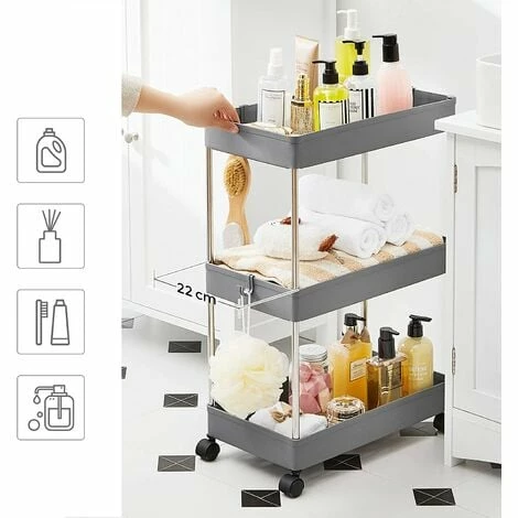 SONGMICS Desserte à Roulettes, Chariot De Rangement, Étagère Roulante, 3 Niveaux, Gain De Place, Pour Salle De Bain, Cuisine, Bureau, 40 X 22 X 60 Cm, Gris KSC009G01 - Gris 5 SONGMICS Desserte à Roulettes, Chariot De Rangement, Étagère Roulante, 3 Niveaux, Gain De Place, Pour Salle De Bain, Cuisine, Bureau, 40 X 22 X 60 Cm, Gris KSC009G01 - Gris – Image 3