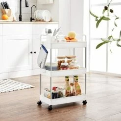 SONGMICS Chariot Fin, Étagère De Cuisine à 3 Niveaux, Chariot De Salle De Bain Pour Petit Espace, Avec Roulettes Et Poignées, 40 X 22 X 67 Cm, Blanc KSC019W01 - Blanc