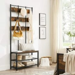 VASAGLE Grand Portemanteau, Meuble D’entrée, Avec 8 Crochets Double Et Banc à Chaussures, Vestiaire, 2 étagères, Pour Chambre, Cadre En Acier , Style Industriel, Marron Rustique Et Noir HSR087B01 Par SONGMICS - Marron Rustique Et Noir -SONGMICS Soldes 55163747 3