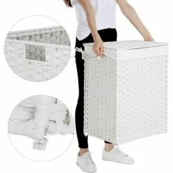 SONGMICS Panier à Linge De 90L, Tissé à La Main, Corbeille à Vêtements En Rotin Synthétique, Avec Couvercle Et Poignées, Pliable, Sac Intérieur Amovible, Blanc LCB51WT -SONGMICS Soldes 55296542 4