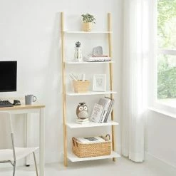 Étagère échelle à 5 Niveaux, Bibliothèque, Rangement, Pour Salon, Chambre, Bureau, Cuisine, Cadre En Bois, Montage Facile, étagère Inclinée Contre Le Mur, Blanc Mat Et Couleur Boisée Par SONGMICS LLS201N01 - Blanc Mat Et Couleur Boisée