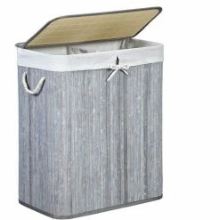 SONGMICS Panier à Linge En Bambou, Double Compartiment, Couvercle, Doublure Amovible, Poignée En Coton, 100L, Gris Affligé LCB74GW - Gris