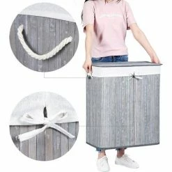 SONGMICS Panier à Linge En Bambou, Double Compartiment, Couvercle, Doublure Amovible, Poignée En Coton, 100L, Gris Affligé LCB74GW - Gris -SONGMICS Soldes 55298082 3