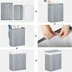 SONGMICS Panier à Linge En Bambou, Double Compartiment, Couvercle, Doublure Amovible, Poignée En Coton, 100L, Gris Affligé LCB74GW - Gris -SONGMICS Soldes 55298082 4
