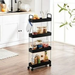 SONGMICS Chariot Fin, Étagère De Cuisine à 4 Niveaux, Chariot De Salle De Bain Pour Petit Espace, Avec Roulettes Et Poignées, 40 X 13,5 X 93 Cm, Noir KSC018B01 - Noir