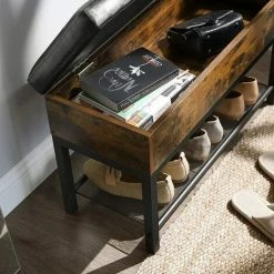 VASAGLE Banc à Chaussures, Avec Coffre Et étagère En Maille, Rembourré, Bout De Lit, Pour Entrée, Salon, Chambre, Cadre En Acier, Montage Facile, PU, Style Industriel, Marron Rustique Et Noir Par SONGMICS LSB46BX - Marron Rustique Et Noir -SONGMICS Soldes 55481766 4