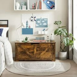 VASAGLE Coffre De Rangement Intérieur, Banc à Chaussures, Pouf, Banquette, Rangement Pour Jouet Enfant, Avec Charnières De Sécurité, Style Grange, 100 X 40 X 46 Cm, Marron Rustique Par SONGMICS LSB060T01 - Marron Rustique -SONGMICS Soldes 55482080 2