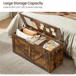 VASAGLE Coffre De Rangement Intérieur, Banc à Chaussures, Pouf, Banquette, Rangement Pour Jouet Enfant, Avec Charnières De Sécurité, Style Grange, 100 X 40 X 46 Cm, Marron Rustique Par SONGMICS LSB060T01 - Marron Rustique -SONGMICS Soldes 55482080 3