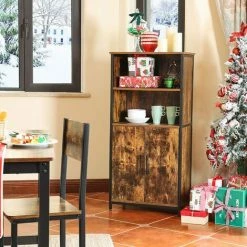 VASAGLE Meuble De Rangement, Armoire, Placard, Bibliothèque, 2 Compartiments Ouvert Et 1 Compartiment Fermé à Double Porte, Structure En Acier, Pour Salon, Cuisine, Marron Rustique Et Noir Par SONGMICS LSC65BX - Marron Rustique Et Noir -SONGMICS Soldes 55540738 3