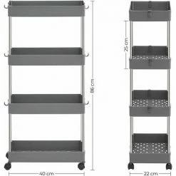 SONGMICS Desserte à Roulettes, Chariot De Rangement, Étagère Roulante, 4 Niveaux, Gain De Place, Pour Salle De Bain, Cuisine, Bureau, 40 X 22 X 86 Cm, Gris KSC010G01 - Gris -SONGMICS Soldes 55540740 5