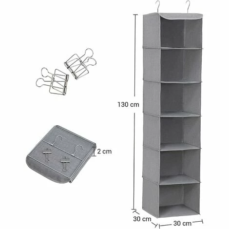 SONGMICS Rangement De Placard Étagère Suspendue En Tissu Gris 6 Compartiments Pliable Hauteur Réglable 2 Pinces Offerts 30 X 30 X 130 Cm ( L X L X H) RCH06G - Gris 7 SONGMICS Rangement De Placard Étagère Suspendue En Tissu Gris 6 Compartiments Pliable Hauteur Réglable 2 Pinces Offerts 30 X 30 X 130 Cm ( L X L X H) RCH06G - Gris – Image 5