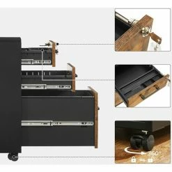 SONGMICS Caisson De Bureau Metal, Avec 3 Tiroirs, Placard De Rangement Mobile, Verrouillable, Pré-assemblage, Style Industriel, Noir Et Marron Rustique OFC110B01 - Noir Et Marron Rustique -SONGMICS Soldes 55540780 4
