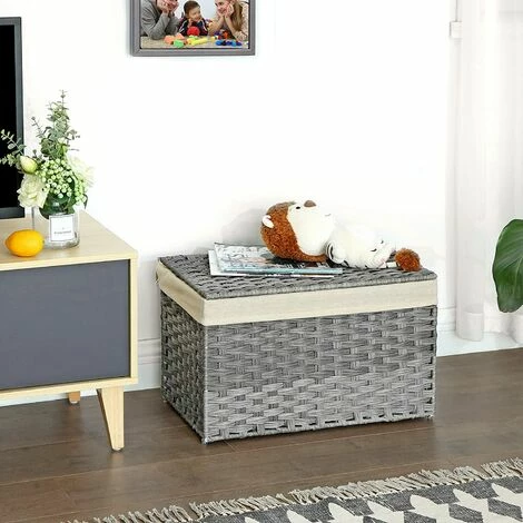 SONGMICS Boîte De Rangement Rotin, Bac De Rangement, Panier à Linge 65 L, Corbeille Décorative, Coffre De Rangement, Avec Poignées, Doublure, Couvercle, Pour Chambre, Buanderie, Gris RST56WG - Gris 4 SONGMICS Boîte De Rangement Rotin, Bac De Rangement, Panier à Linge 65 L, Corbeille Décorative, Coffre De Rangement, Avec Poignées, Doublure, Couvercle, Pour Chambre, Buanderie, Gris RST56WG - Gris – Image 2