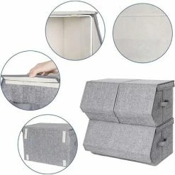 SONGMICS Boîtes De Rangement, Lot De 3, Coffre De Rangement, Organiseur De Jouets, Empilable, Avec Couvercle, Cadre Métallique, Fermeture Magnétique, Pour Vêtements, Livres Et Jouets, Gris RLB12GY - Gris -SONGMICS Soldes 55540796 4