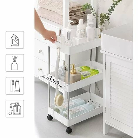 SONGMICS Desserte à Roulettes, Chariot De Rangement, Étagère Roulante, 3 Niveaux, Gain De Place, Pour Salle De Bain, Cuisine, Bureau, 40 X 22 X 60 Cm, Blanc KSC009W01 - Blanc 4 SONGMICS Desserte à Roulettes, Chariot De Rangement, Étagère Roulante, 3 Niveaux, Gain De Place, Pour Salle De Bain, Cuisine, Bureau, 40 X 22 X 60 Cm, Blanc KSC009W01 - Blanc – Image 2