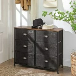 SONGMICS Commode En Tissu, Console Large 6 Tiroirs, Meuble De Rangement Vêtements, Style Industriel, Cadre En Métal, Surface Boisée, Pour Chambre, Couloir, Marron Rustique Et Noir LVT23HV1 - Marron Rustique Et Noir -SONGMICS Soldes 55540807 2