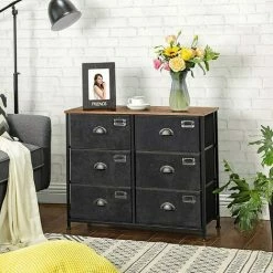 SONGMICS Commode En Tissu, Console Large 6 Tiroirs, Meuble De Rangement Vêtements, Style Industriel, Cadre En Métal, Surface Boisée, Pour Chambre, Couloir, Marron Rustique Et Noir LVT23HV1 - Marron Rustique Et Noir -SONGMICS Soldes 55540807 3