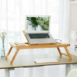 SONGMICS Table De Lit Pliable,Petite Table En Bambou Pour Ordinateur Portable,pour Gaucher Et Droitier, Plateau Ajustable 5 Positions, 72 X (21-29) X 35 Cm ,Trous D’aération,Petit Tiroir LLD004 - Naturel