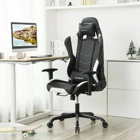 SONGMICS Fauteuil Gamer Ergonomique, Fauteuil De Bureau, Hauteur Réglable, Avec Appui-tête Et Support Lombaire, Accoudoirs 2D, Mécanisme Basculant, Dossier Inclinable à 135°, PU, Noir + Blanc, RCG12W 4 SONGMICS Fauteuil Gamer Ergonomique, Fauteuil De Bureau, Hauteur Réglable, Avec Appui-tête Et Support Lombaire, Accoudoirs 2D, Mécanisme Basculant, Dossier Inclinable à 135°, PU, Noir + Blanc, RCG12W – Image 2