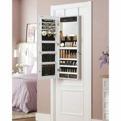 SONGMICS Armoire à Bijoux Murale, Organisateur Avec Lumières LED, Placard De Rangement, Avec Miroir Sans Cadre, Miroir De Maquillage Intégré, 2 Tiroirs, Verrouillable, Blanc JJC013W01 - Blanc