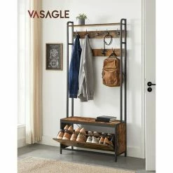 VASAGLE Meuble D’Entrée Avec Banc, 9 Crochets Et Étagère, Porte-Manteaux, Vestiaire, Pour Couloir, Chambre, Style Industriel, Marron Rustique Et Noir Par SONGMICS HSR405B01 - Marron Rustique Et Noir