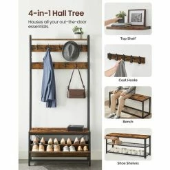 VASAGLE Meuble D’Entrée Avec Banc, 9 Crochets Et Étagère, Porte-Manteaux, Vestiaire, Pour Couloir, Chambre, Style Industriel, Marron Rustique Et Noir Par SONGMICS HSR405B01 - Marron Rustique Et Noir -SONGMICS Soldes 65916653 3