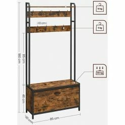 VASAGLE Meuble D’Entrée Avec Banc, 9 Crochets Et Étagère, Porte-Manteaux, Vestiaire, Pour Couloir, Chambre, Style Industriel, Marron Rustique Et Noir Par SONGMICS HSR405B01 - Marron Rustique Et Noir -SONGMICS Soldes 65916653 5